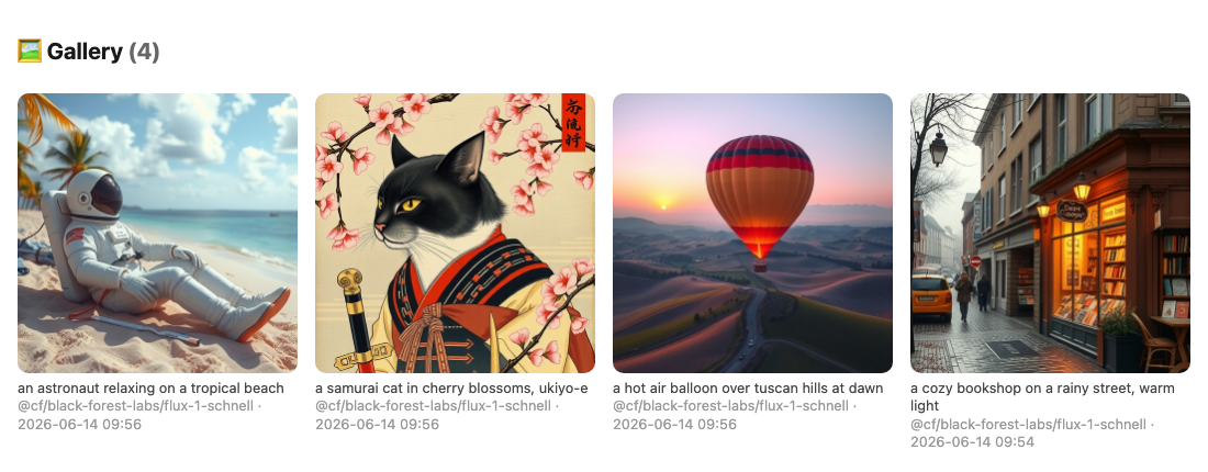 A few generations — a samurai cat, a hot air balloon, a cozy bookshop A gallery of generated images