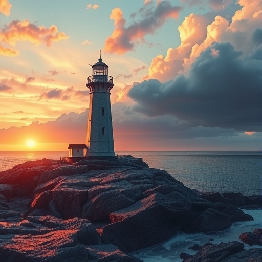 Flux 1 Schnell, one call A lighthouse on a rocky coast at sunset