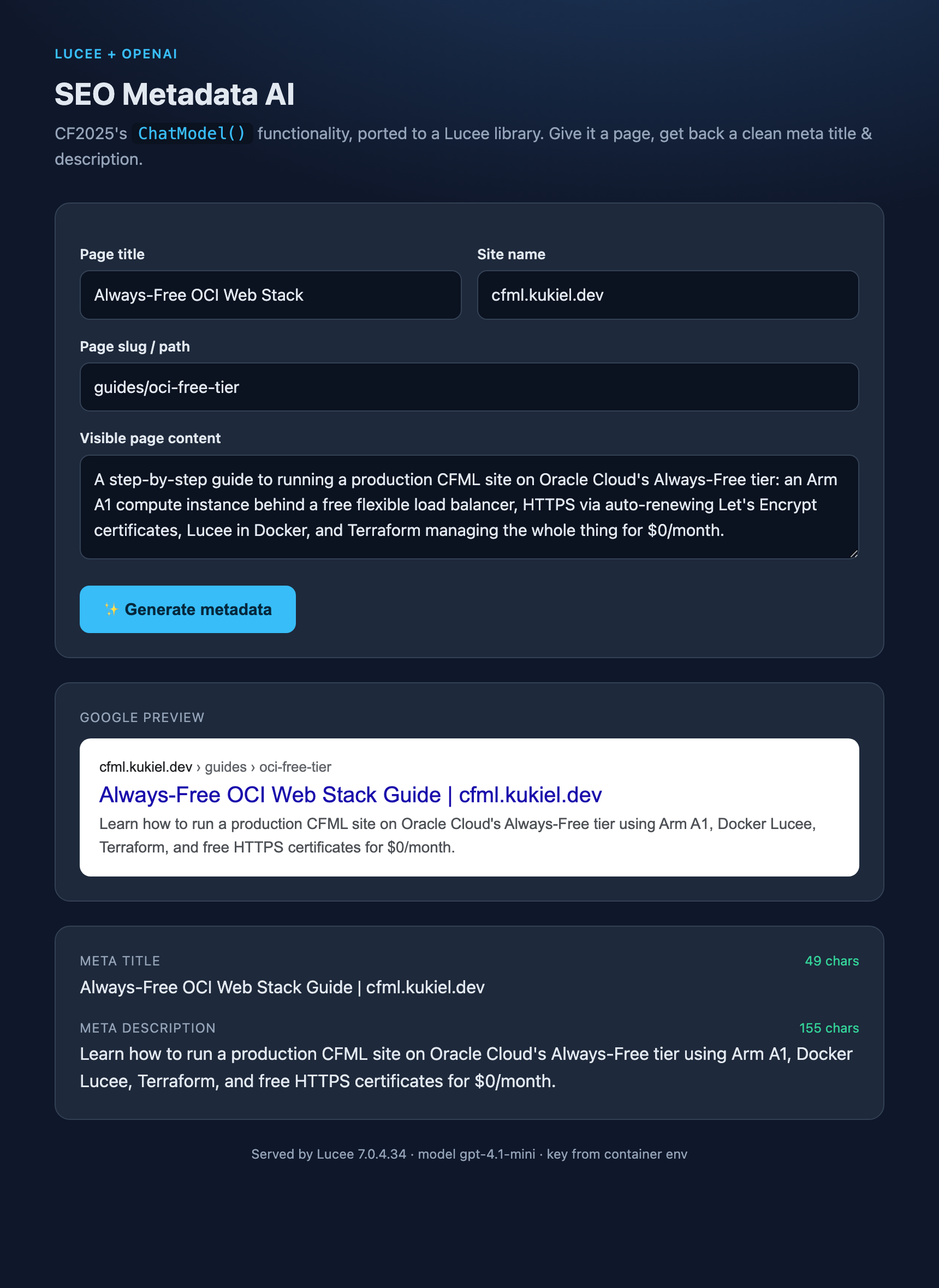 The SEO Metadata AI demo: a form on top, a live Google search-result preview below, with green character counts